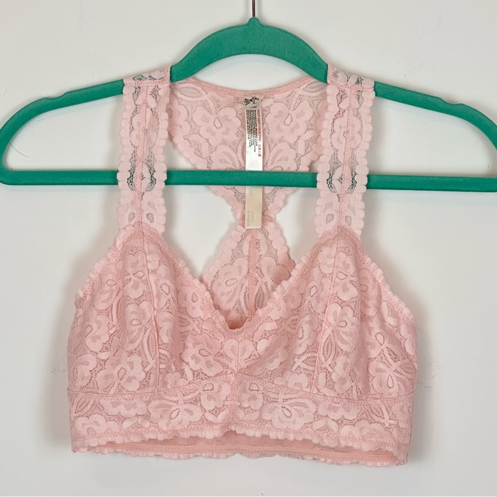 Free People Intimately Free Boho Coquette Pink Lace Racer Back Bralette Sz S
